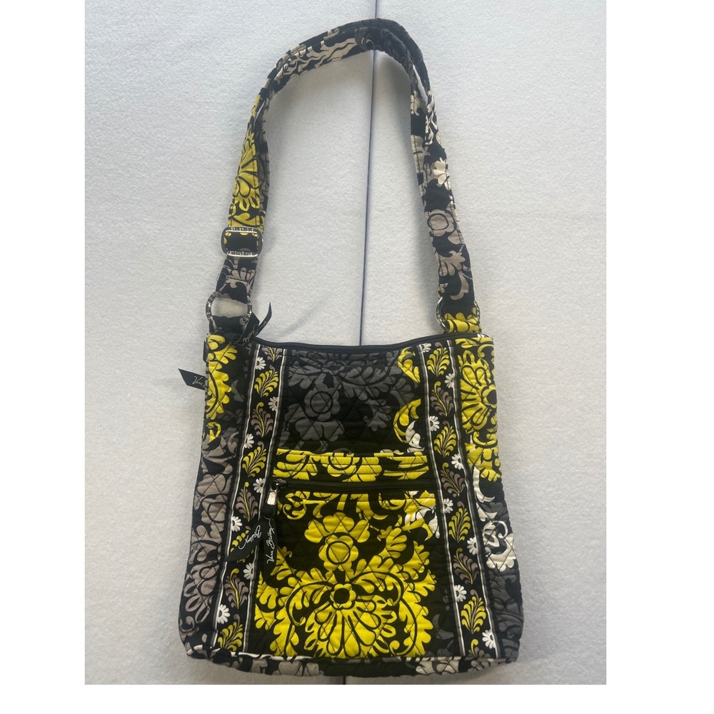 Vera Bradley Crossbody Bag Yellow Black Baroque Quilted Cotton Floral Boho 10.5"